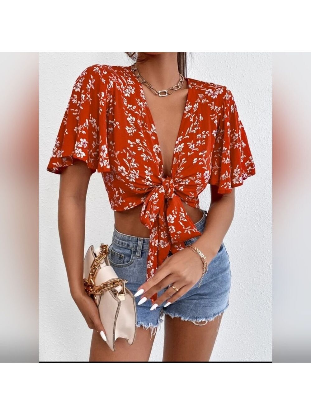 SHEIN PETITE - Floral Print Knot Front Butterfly Sleeve Crop Top